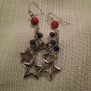Silver Star Dangle Earrings with Pinkish Red and Blue Beads